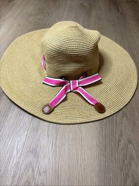 J. Crew Floppy Straw Sun Hat with Pink Striped Bow summer beach vacation cruise
